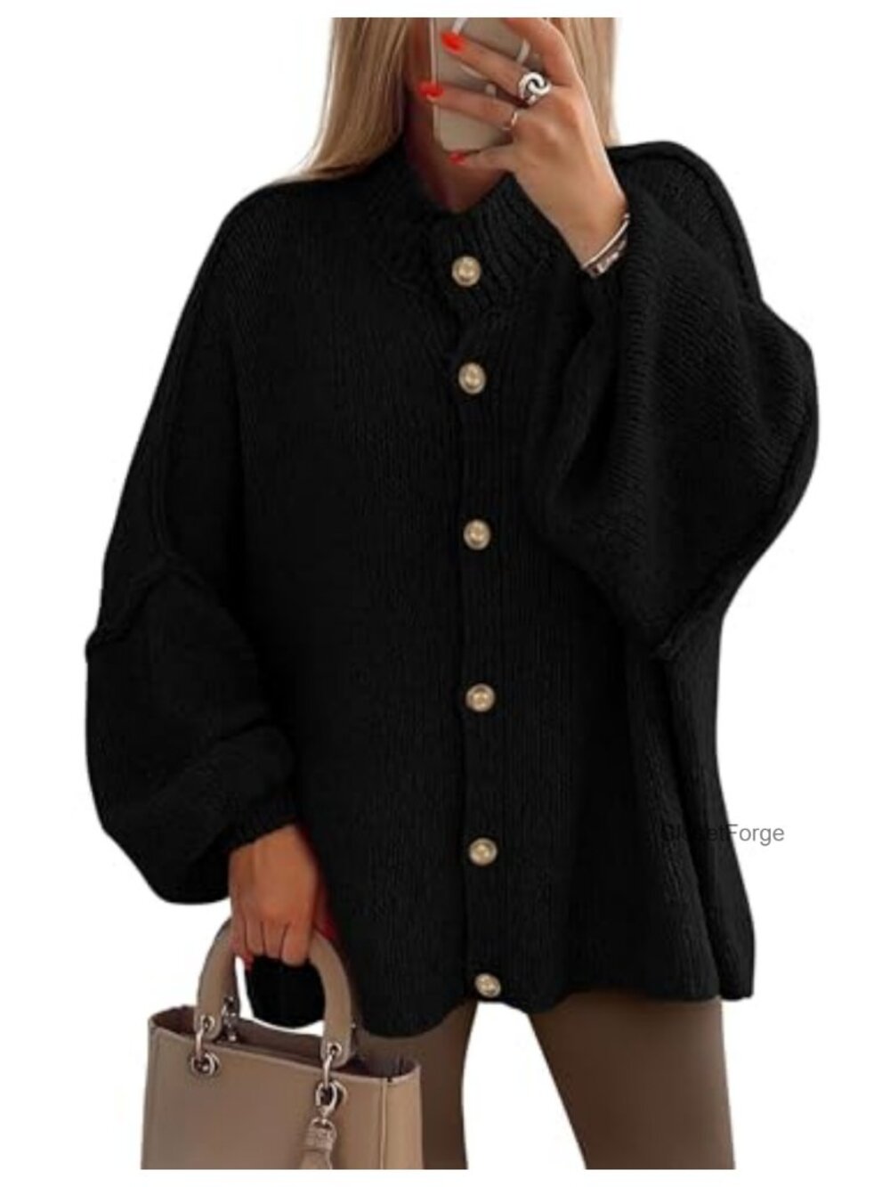 Women's Oversized Chunky Knit Cardigan Sweater with Mock Neck and Button Down